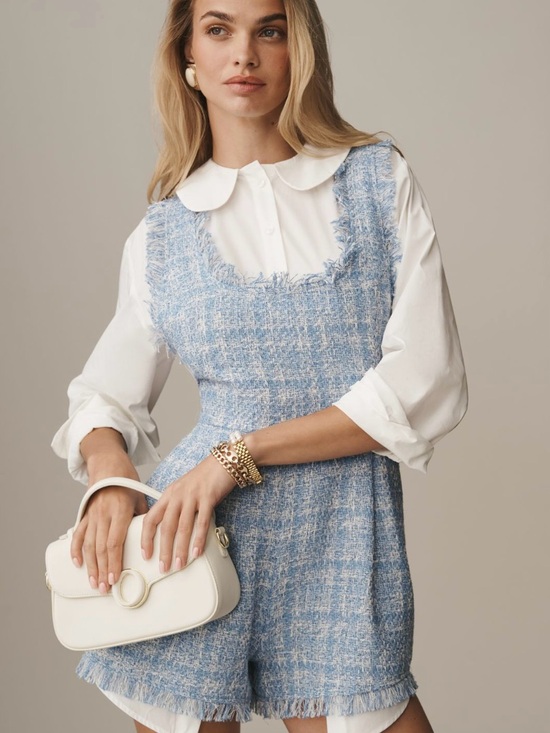 Mauve Other - Mauve Light Blue Tweed Romper with White Blouse